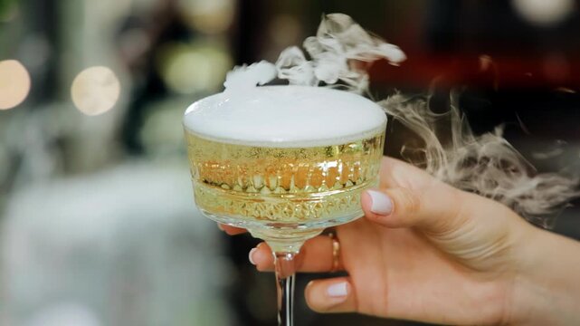 A woman takes a glass of wine with her hand. There is a pleasant smoke coming from the drink. Close-up shooting