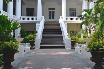 Traditional colonial-style government building with grand stair entrance 