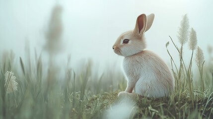 Adorable Light Brown Bunny Sitting in Green Grassy Field with Tall Wildflowers