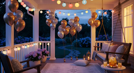 Cozy evening porch decorated with festive string lights and balloons creating a magical atmosphere for a celebration or gathering outdoors