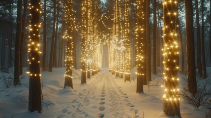 Snowy Forest Path with Illuminated Trees During Winter Night