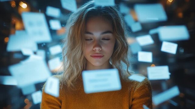 Digital Interface Serenity: A woman's introspective gaze amidst a mesmerizing digital interface, with floating documents hinting at the complex world of information and technology.