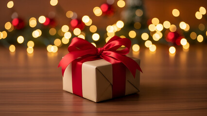 Christmas gift box with red ribbon bow on wooden table with bokeh lights background