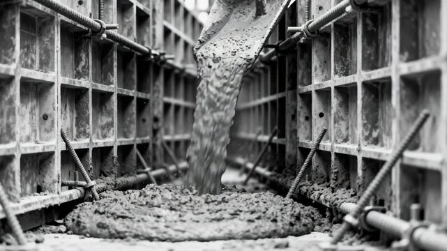 Medium shot focusing on concrete being poured and shaped for vertical walls highlighting formwork and structural details.