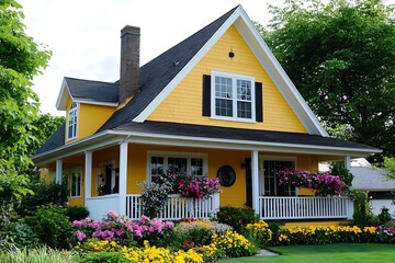 Yellow colonial residence with wraparound porch, gabled roof, and spring flowers 