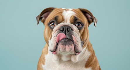Bulldog licking lips with tongue on face
