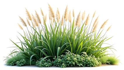 Green Pampas Grass and Plants Isolated on White Background
