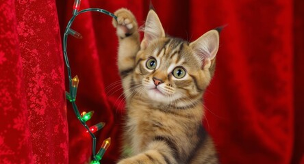 Kitten playing with christmas lights on red background