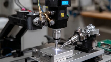 Fototapeta premium Microscopic precision engraving machine in high-tech workshop setting