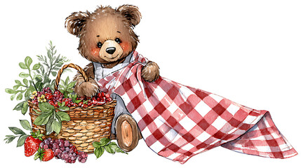 Brown teddy bear holding red and white checkered picnic blanket next to fruit basket red and white checkered blanket