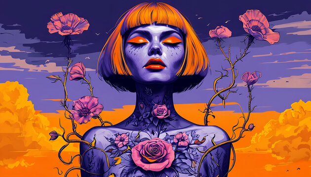 ritratto di Donna surreale con tatuaggi floreali su sfondo vibrante di colori accesi, Surreal portrait of a woman with floral tattoos on a vibrant background of bright colors