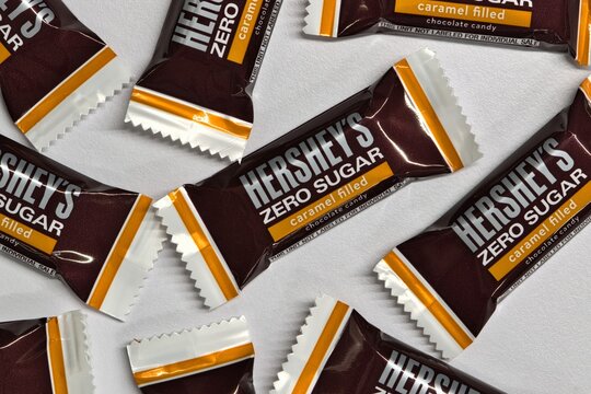 Hersheys zero sugar caramel filled milk chocolate squares pieces in wrappers Houston, Texas USA 12-10-2025.