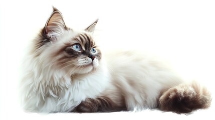 Majestic Long-Haired Cat with Blue Eyes on White Background