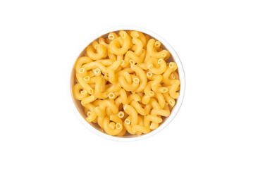 A bowl of yellow pasta with a white background