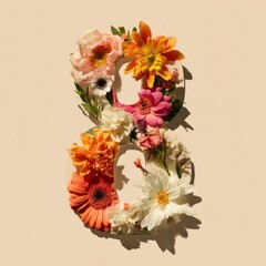 Fototapeta premium Floral number eight composed of vibrant blooms on a cream backdrop, casting a shadow