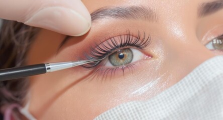 Applying eyelash extensions on woman client eye in beauty salon