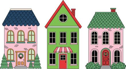 Fototapeta premium Cartoon Victorian house set with festive wreaths, pine trees, and colorful architecture for holiday illustration and seasonal design.