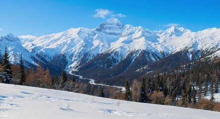 Snow-covered mountains panorama with winter forest and river