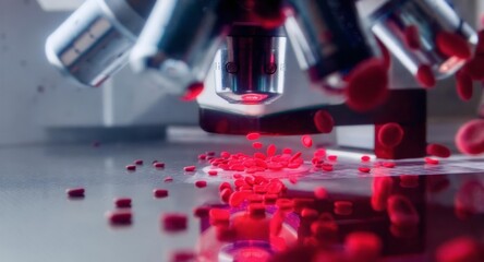 Microscope examining red blood cells for medical research