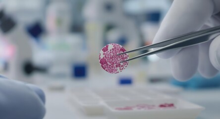 Scientist holding cellular tissue sample with tweezers in clinic