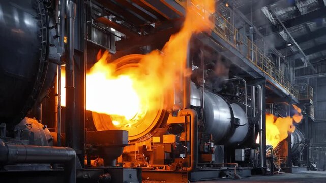 Medium shot capturing machinery in a pyrolysis plant as waste materials are processed under controlled high temperatures.