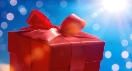 Red gift box with ribbon and bow on festive blue bokeh background