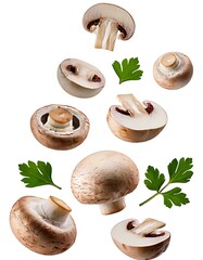 Isolated brown champignon mushroom slices on a white backdrop