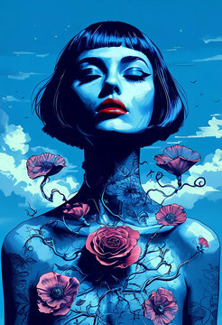 ritratto di Donna surreale con tatuaggi floreali su sfondo vibrante di colori accesi, Surreal portrait of a woman with floral tattoos on a vibrant background of bright colors