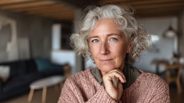 The Wisdom of Experience: A portrait of a woman with captivating grey curls and eyes that reflect a lifetime of stories. A sense of calm and self-assurance emanates. 