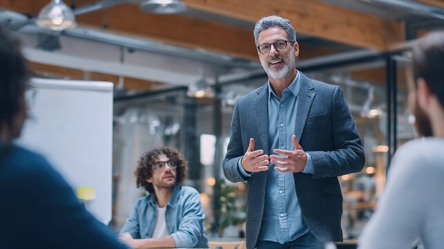 Inspiring Leadership: A seasoned leader captivates an attentive audience in a modern open-plan office setting, conveying knowledge and insights with engaging gestures and expressions. 