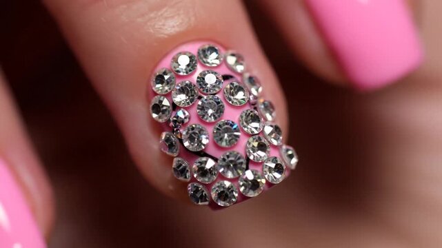 Creating Sparkling Valentine Day Nails: Close-up of Manicurist Applying Rhinestones on Pink Polished Nail with Heart Design for Glamorous Nail Art