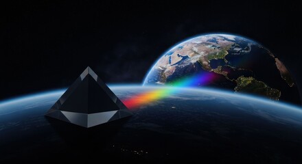 A black prism refracts light into a rainbow against Earth in space