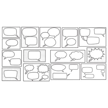 Speech and thought bubbles for comic design and graphic communication, outline vector icons