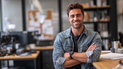 Fototapeta premium Confidence in the Workplace: A charismatic individual exudes confidence, their arms crossed as they stand in a modern workspace, embodying professionalism and approachability. 