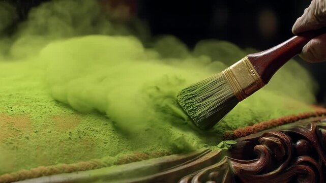 Closeup medium shot of a dye infusion tool revitalizing worn upholstery colors showcasing restorative technology in action.