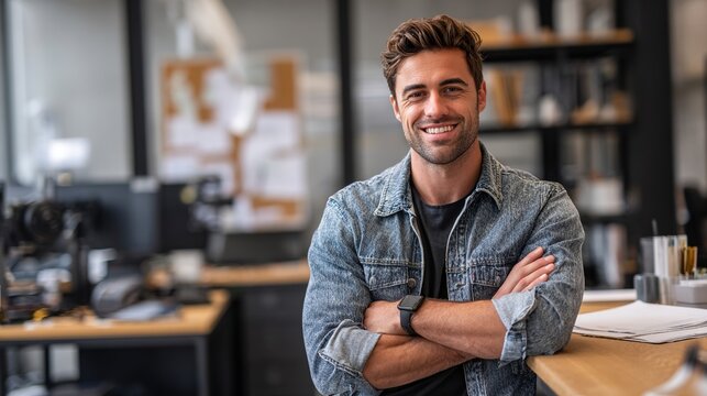 Confidence in the Workplace: A charismatic individual exudes confidence, their arms crossed as they stand in a modern workspace, embodying professionalism and approachability. 