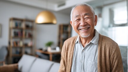 Obraz premium Smiling Senior in Home: A warm and inviting portrait captures an elderly man's genuine smile. with natural lighting emphasizing the beauty of his expressive face, set against a cozy backdrop.