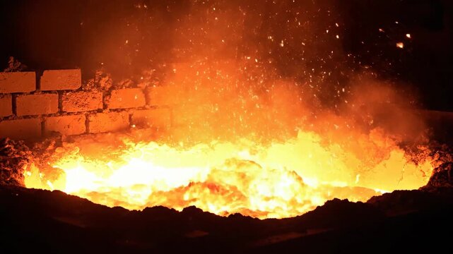 A fiery explosion erupts near a brick wall at night, capturing a dramatic scene of fire and destruction