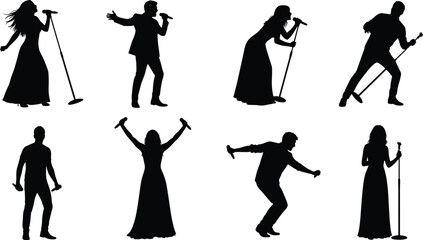 Comprehensive Singers and Vocalists Silhouettes Set, Male and Female Performer Action Poses, Concert Stage Entertainment Icons, Music Artist Vector Graphic Collection, Isolated Pop Star Clipart.