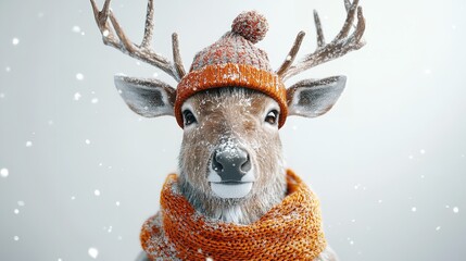 Deer in Orange Winter Hat and Scarf on Snowy Day