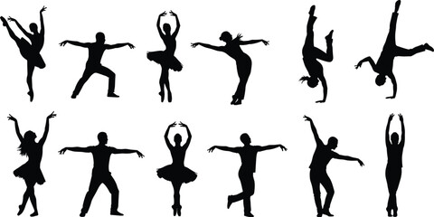Comprehensive Mega Set of Female Silhouettes, Yoga Poses, Ballet Dance, Gymnastics, and Stretching Action, Fitness Training Vector Graphics, Isolated Athletic Women Icons Collection.