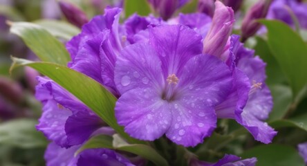 Purple flower petals with water drops blooming in nature