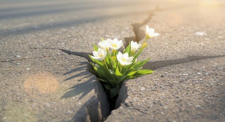 White flowers blooming through cracked concrete showing resilience