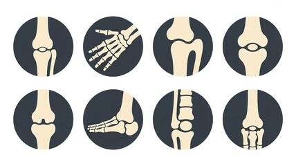 Anatomic bone radiography featuring knee, hand, foot, and vertebrae structures in round frames perfect for medical illustration or orthopedic design