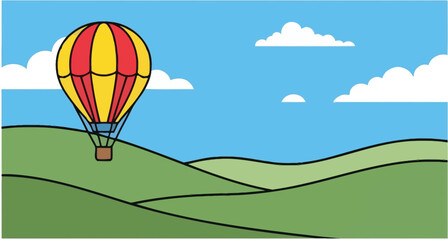 Colorful hot air balloon soars over rolling green hills under a bright blue sky with fluffy clouds scenic adventure isolated on white background