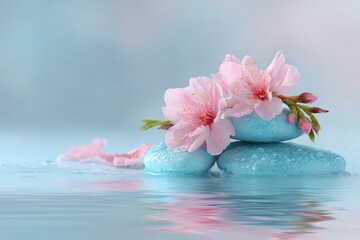 Pastel scene pink blossoms grace blue stacked stones in water. Ripples create a tranquil effect