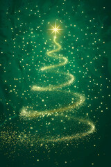 Glowing Abstract Christmas Tree with Golden Lights on Green Background