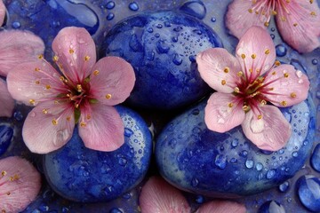Pink flowers atop blue wet stones with scattered petals; serenity and natural beauty