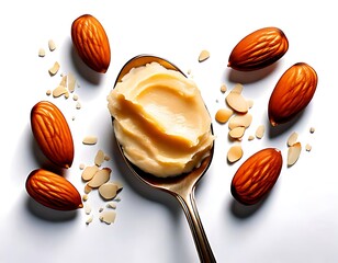 A spoonful of creamy almond paste encircled by whole almonds highlights the paste's natural ingredients and rich texture.  Ideal for spreading or baking