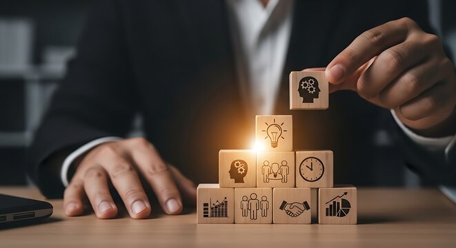 Business strategy building blocks with icons growth